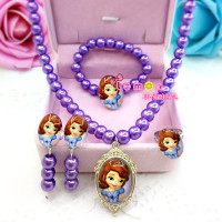 儿童项链手链耳环耳夹戒指套装饰品女童冰雪奇缘苏菲亚公主吊坠 紫色苏菲亚
