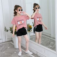 女童夏装儿童套装童装女宝宝中大童短袖短裤宽松家居服睡衣运动装 红色上衣+黑色短裤 110 建议身高100-110