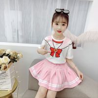 女童套装夏装2021新款夏季学院风洋气两件套中大儿童装女孩裙子潮 蝴蝶结-粉色[T恤+百褶裙裤] 140 码[适合身高1
