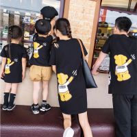 [纯棉套装]纯棉卡通亲子装一家三口母子母女装T恤短袖连衣裙夏 黑色 男童T恤80