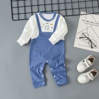 婴儿连体衣春秋季0-16月纯棉宝宝哈衣睡衣新生儿爬服长袖哈衣潮 方格背带长袖[蓝色] 66 建议2-5个月66cm内