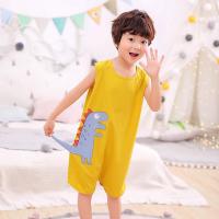 连体睡衣儿童宝宝夏季纯棉薄款空调服男童恐龙哈衣睡袋女童防着凉 黄色无袖 90