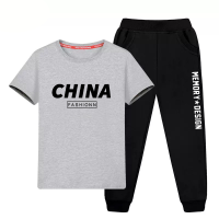 大童男装纯棉套装胖童装男童加肥加大9胖童短袖t12纯棉夏装潮15岁 CHINA灰+黑长裤 100cm(建议20-30斤)
