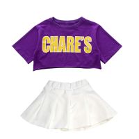 女童爵士舞服装露脐儿童街舞套装舞蹈服潮装夏韩版女孩走秀表演服 CHA紫T+873白裙 110