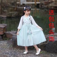 新款儿童汉服秋冬装中国风超仙改良汉服唐装小女孩连衣公主袄裙 浅绿色 送包包头饰 90