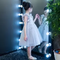 儿童礼服裙公主裙花童女童婚纱裙蓬蓬裙钢琴演出服晚礼服连衣裙夏 灰色 90码(建议身高80-85)