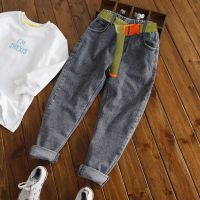 男童套装春秋季2020新款中小童衬衫韩版牛仔长裤休闲洋气两件套 灰色牛仔长裤+个性腰带 90 裤子可开裆