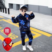 男童蜘蛛侠蚕丝绒套装2020新款韩版宝宝卫衣秋冬装两件套加绒加厚 蓝色蜘蛛侠不加绒 90