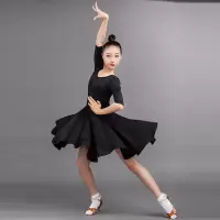 儿童拉丁舞服装女童夏秋新款大童练功服儿童演出服拉丁舞裙小女孩 黑色 120 S码(105-115CM)