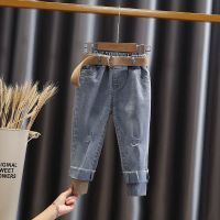 男童裤子春秋款宝宝洋气韩版2021新款童裤中小童破洞修身牛仔裤潮 蓝色 关注店铺送腰带 80 尺码偏小身高65-70可开