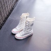 儿童帆布鞋2021春秋款高筒系带男童女鞋韩版休闲布鞋中童大童板鞋 白色 29 内长约18.0cm
