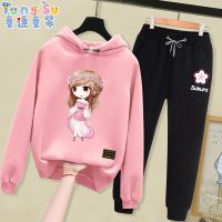 女童套装春秋洋气儿童运动装中大童韩版两件套秋装潮女孩休闲衣服 连帽粉衣花环少女+黑裤幸运草 薄款 110 (20-30斤