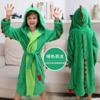 秋冬季儿童睡袍珊瑚绒男童法兰绒浴袍中大童宝宝恐龙卡通动物睡衣 浅绿恐龙袍 XS 建议90-115身高