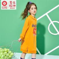 童装男孩精神女中大童春季2021新款卡通印花连帽连衣裙 黄色 110cm(110/56)