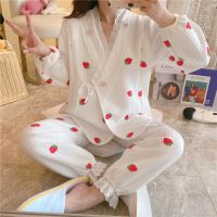 空气棉月子服春秋冬季夹层加厚怀孕期间产后哺乳产妇孕妇装睡衣 801#和服三层空气棉小草莓 XXL[建议155-180斤]