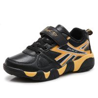 童鞋男童鞋皮面防水运动鞋春秋新款中大童网面透气儿童鞋子男孩鞋 AJ21黑金 28码/鞋垫长18.0cm