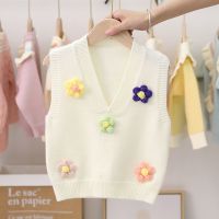 女童春装马甲儿童外套2021新款韩版 宝宝毛衣手工花V领背心毛线衣 米白手工花 80 建议身高70穿
