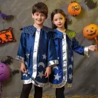 万圣节儿童服装女童男童哈利波特披风女巫吸血鬼儿童表演出服糖果 蓝色衣帽子眼睛魔棒 男女通用 100cm