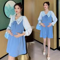 春秋款长袖孕妇装娃娃领小香风气质雪纺中长款宽松连衣裙 蓝色连衣裙 M