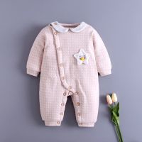 秋冬婴儿加棉连体衣新生儿夹棉保暖连体衣男女宝宝加厚爬服哈衣 胡子爷爷连体衣粉 90 12-15个月