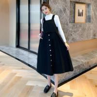 孕妇套装春季新款长款背带裙孕妇打底毛衣潮妈时尚洋气两件套裙子 黑色裙子 M(115斤以下)