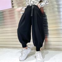 女童裤子2021春装新款宽松中大童宽松哈伦裤萝卜裤贴标洋气灯笼裤 黑色(不加绒) 110