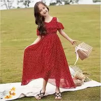 女童连衣裙夏装2020新款中大童儿童装沙滩公主裙夏季女孩雪纺长裙 深红色 露肩款 长裙 110