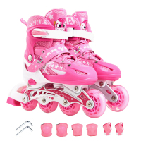 溜冰鞋儿童3-5-6-8-10岁全套装旱冰滑冰鞋轮滑鞋男女儿童可调 粉色小码(实际26-34) 无闪单鞋[无头盔无护具送
