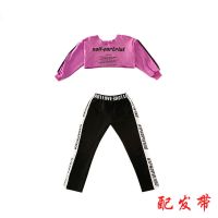新款少儿爵士舞演出服装女童短款紫色上衣嘻哈宽松街舞套装女孩潮 紫色上衣+黑色裤子(2件套) 110