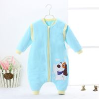 婴儿薄棉睡袋全棉宝宝分腿睡袋儿童春秋款防踢被纯棉新款80-100cm QY1613 蓝色 65码(适合80cm以内宝宝)