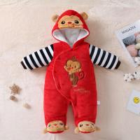 冬季婴儿法兰绒加厚连体哈衣新生儿保暖棉衣百日爬服女宝宝外出服 红色 大红猴子 59