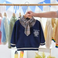 男童卫衣春秋新款儿童小童假两件春装上衣韩版宝宝翻领外穿衣服潮 藏青色 宝贝-领带卫衣 80
