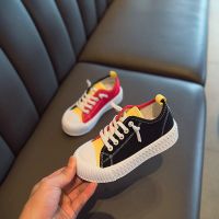 儿童帆布鞋男童板鞋女童鞋子拼色布鞋新款韩版一脚蹬懒人鞋 黑红 27内长17.5厘米