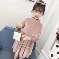 女童连衣裙春秋款金丝绒裙子2021中长款宽松韩版洋气长袖公主裙子 藕色 3955#金丝绒 90
