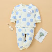 婴儿保暖衣套装新生儿夹棉衣服无骨秋冬纯棉棉衣宝宝刚出生婴幼儿 蓝色小猫 66码[3-6月]