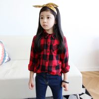 春秋衬衣韩版新款儿童棉长袖衬衣百搭衬衫女童格子衬衫休闲上衣潮 黑红格衬衫 110