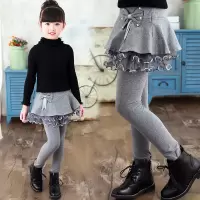 女童裙裤春秋2019新款韩版儿童秋冬打底裤加绒加厚洋气假两件裙裤 灰色花朵春秋款 150码（合适身高140厘米）