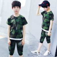 儿童迷彩服套装男童春装2021新款童装春秋运动三件套小男孩子军装 深色3迷彩送帽子手枪 短袖上衣+短裤 110 码建议身