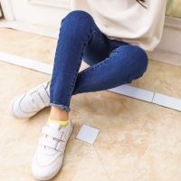 女童加绒牛仔裤秋冬2019韩版修身儿童加绒长裤百搭外穿紧身牛仔裤 [蓝色毛边单裤] 110码/适合身高105-110cm