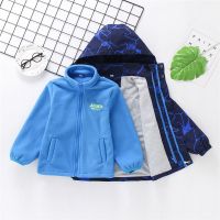 男童冲锋衣可拆卸三合一2021春秋款男孩户外中大童童装加绒外套 蓝色闪电两件套 内胆加绒 120 建议身高110-115