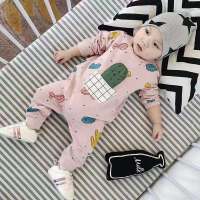 婴幼儿春秋长袖纯棉婴儿连体衣服男女宝宝可爱连体斜襟拉链外出服 浅粉色仙人掌 66码[建议8-12斤左右]