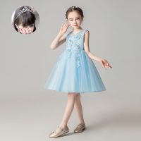 女童连衣裙长裙子秋冬新款儿童公主裙蓬蓬裙花童婚纱晚礼服网纱裙 2918背心短款蓝色 送皇冠 120 [34-40]斤