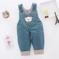 婴儿背带棉裤加绒加厚男女宝宝背带裤儿童保暖裤子外穿开裆秋冬季 小白熊墨绿 [73码]建议身高59-73cm