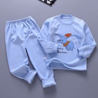 中小童秋冬加绒加厚保暖内衣套装儿童秋衣秋裤男女宝宝睡衣两件套 天蓝色 小飞象(加绒) 90 建议80-90cm