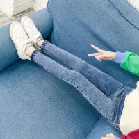 女童牛仔喇叭裤2021新款儿童春秋中大童修身弹力裤女孩洋气长裤子 石墨-浅蓝 110