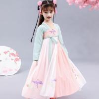 女童汉服中国风春秋季儿童古装襦裙飘逸超仙女古风儿童唐装连衣裙 绿色长袖 100 身高90-101