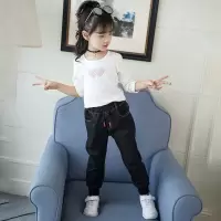 儿童牛仔裤喇叭裤女童喇叭裤牛仔裤春秋新款童装小女孩长裤子单裤 字母女童黑色牛仔裤 90