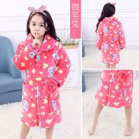冬季儿童加厚三层夹棉珊瑚绒睡袍男童女童男孩宝宝浴袍法兰绒睡衣 西瓜红 微笑兔003 (10码-身高90-100cm)