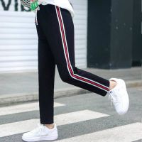 童装新款春秋女童裤子韩版宽松运动裤中大儿童洋气休闲长裤春装潮 黑色直筒【红白杠】 春款 110 码建议身高100cm左右