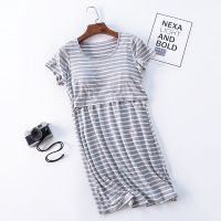 带胸垫哺乳衣女睡裙半袖裙可外穿短袖产后月子服喂奶衣薄款睡衣 灰白 M建议90-105斤